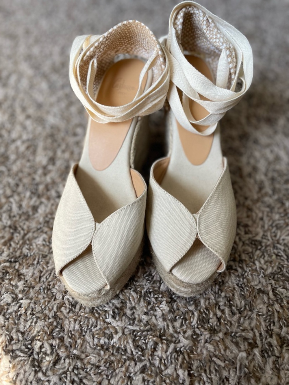 Castaner Cream Canvas Espadrille Wedge Sandals with Ankle Wrap